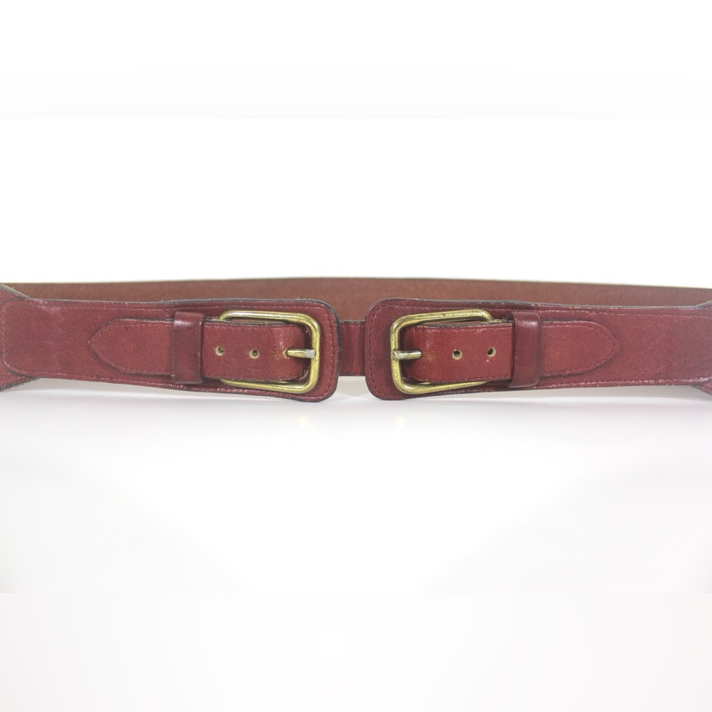 Red Vintage Distressed Wide Leather Belt with Double Buckles Brass Metal Corset